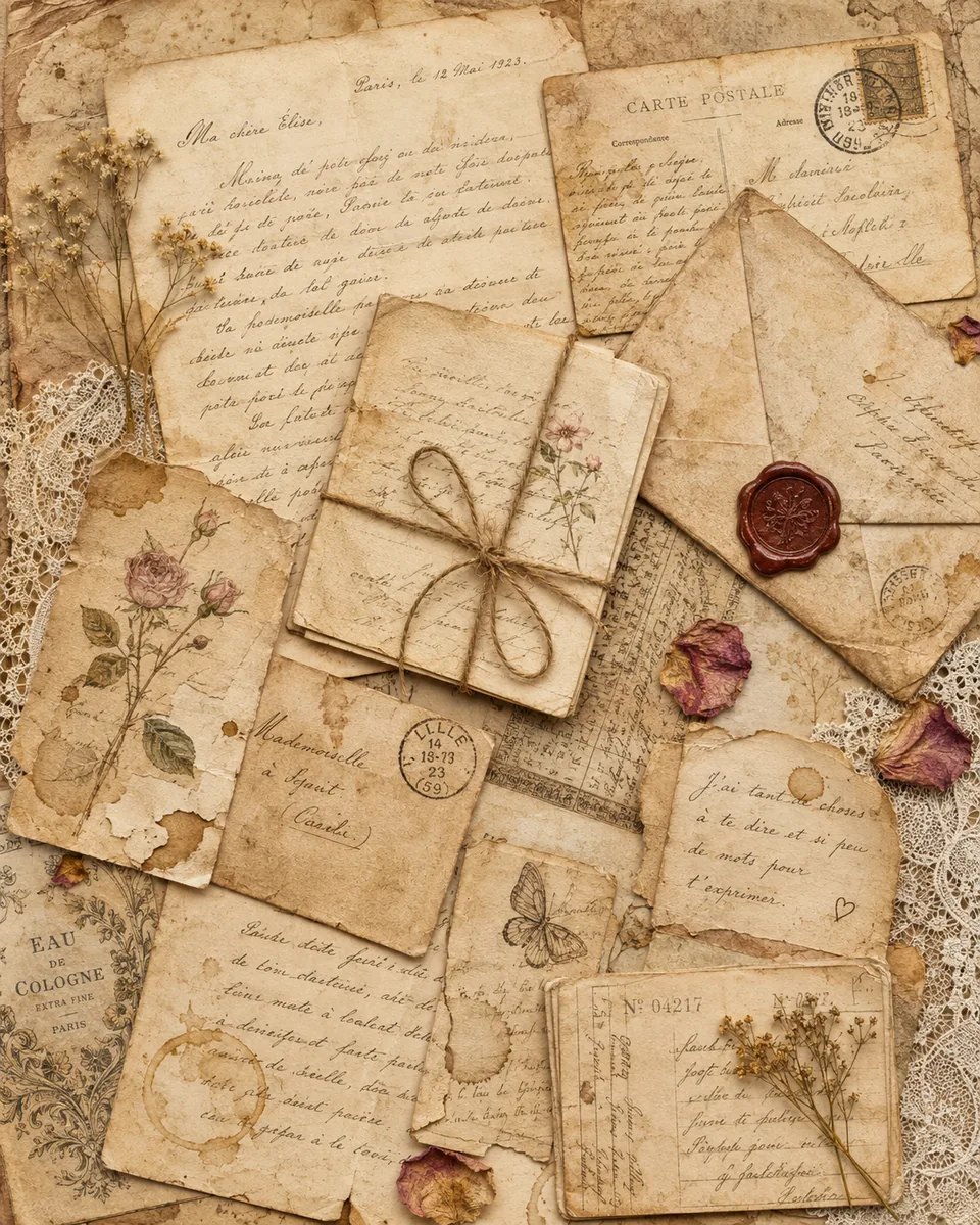 Aged handwritten letters, postcards, envelopes, pressed flowers, lace, stamps, and a red wax seal